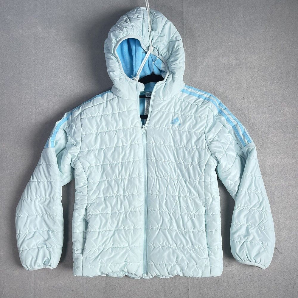 Adidas Puffer Jacket Girls Youth Large Blue Hooded Full Zip